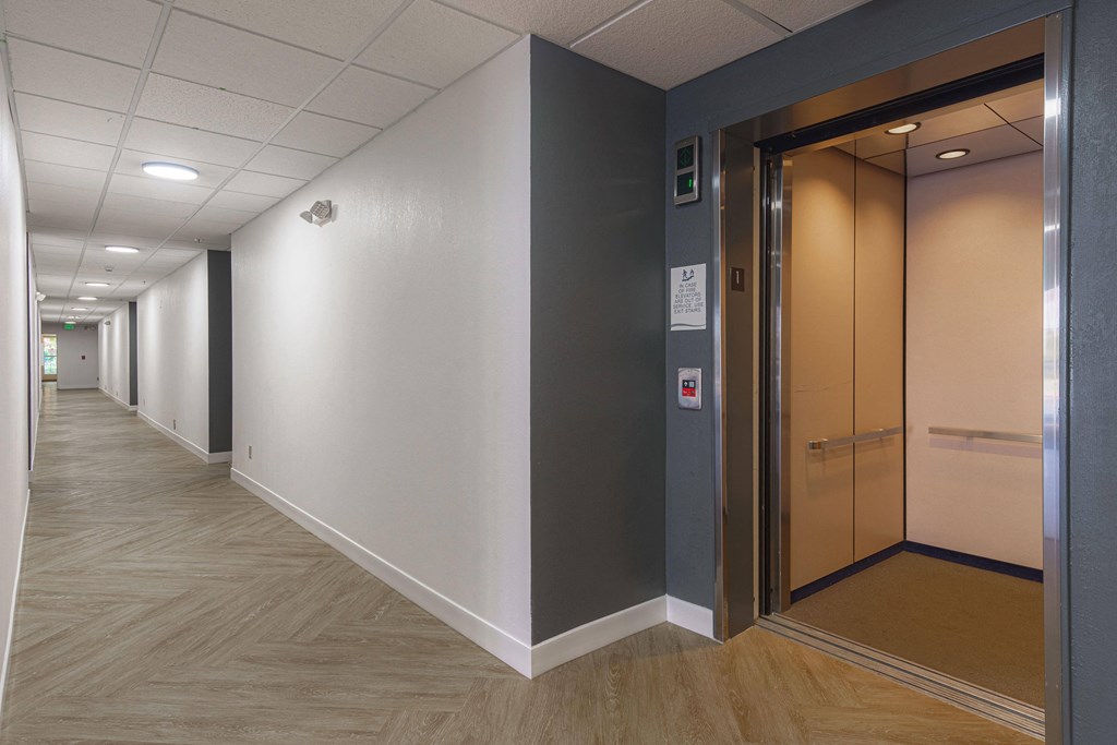 a hallway of elevators and doors in an office building